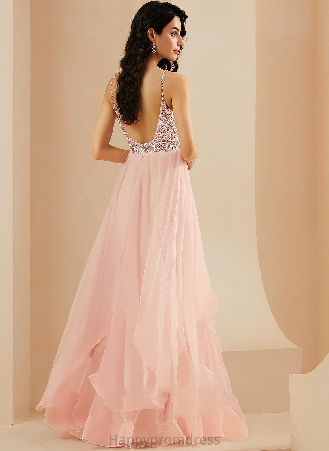 With Sequins V-neck Floor-Length Tulle Jasmine Prom Dresses A-Line Beading