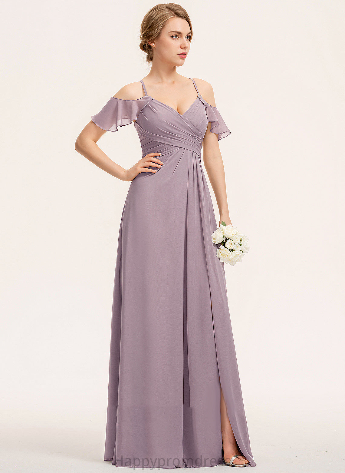 V-neck Embellishment A-Line Silhouette Fabric ColdShoulder Floor-Length SplitFront Length Neckline Ruffle CascadingRuffles Bridesmaid Dresses