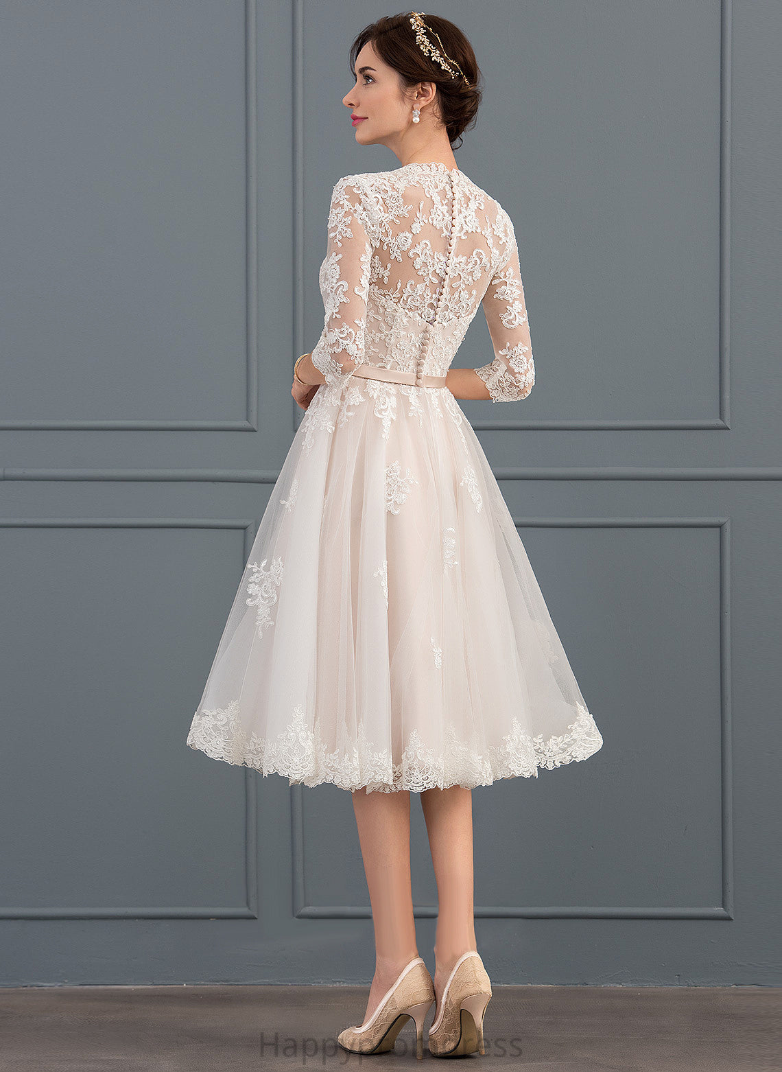 With A-Line Tulle Wedding Lace Bow(s) V-neck Wedding Dresses Victoria Knee-Length Dress