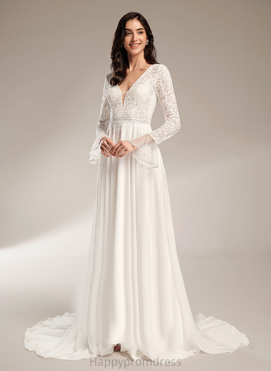 Wedding Dresses Wedding Ruffle Dress Lace Court V-neck Chiffon A-Line Train With Juliet