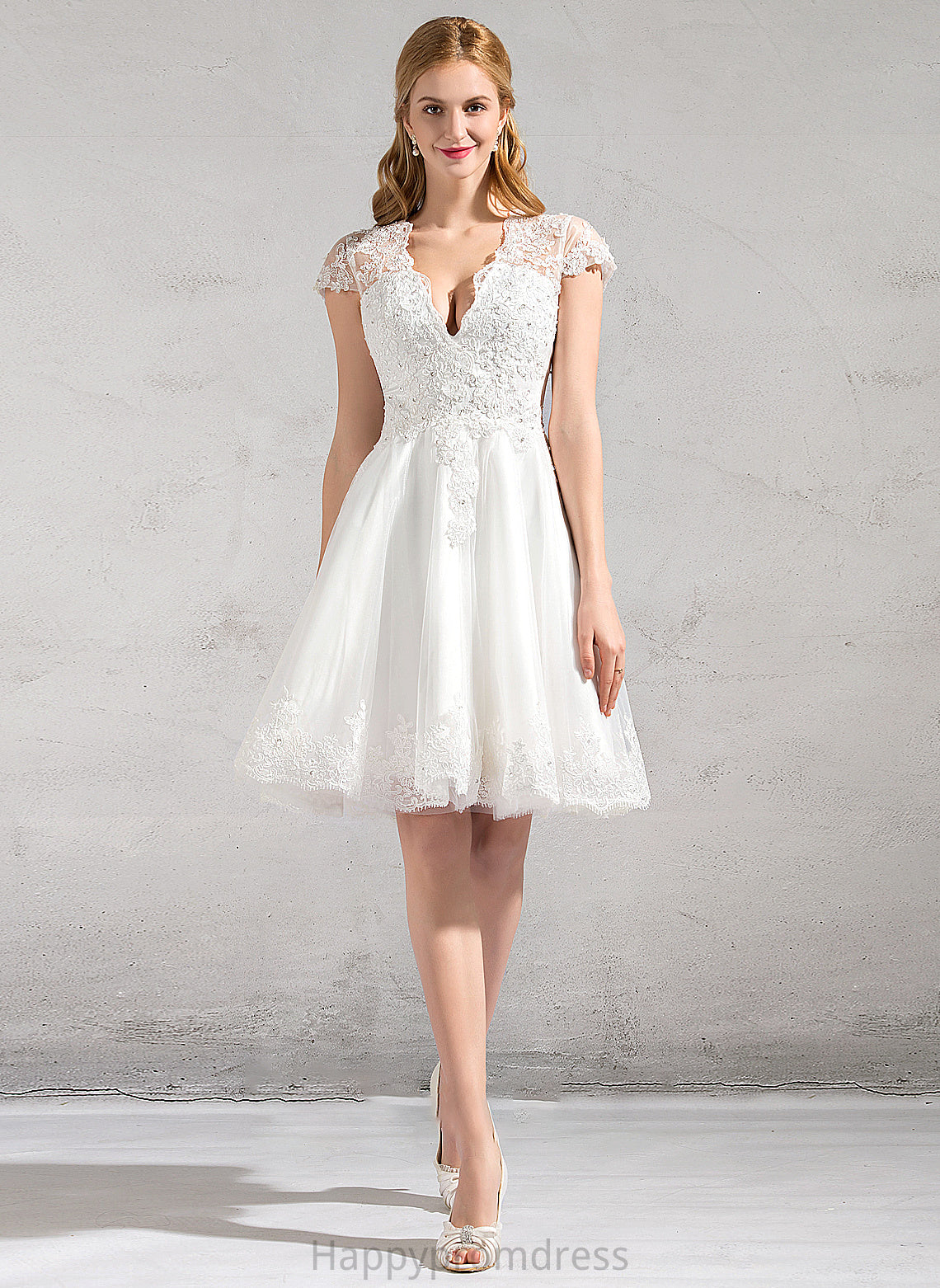 Wedding Tulle Beading Lace Knee-Length Dress Appliques Sequins With Wedding Dresses Lace A-Line Jazmin V-neck