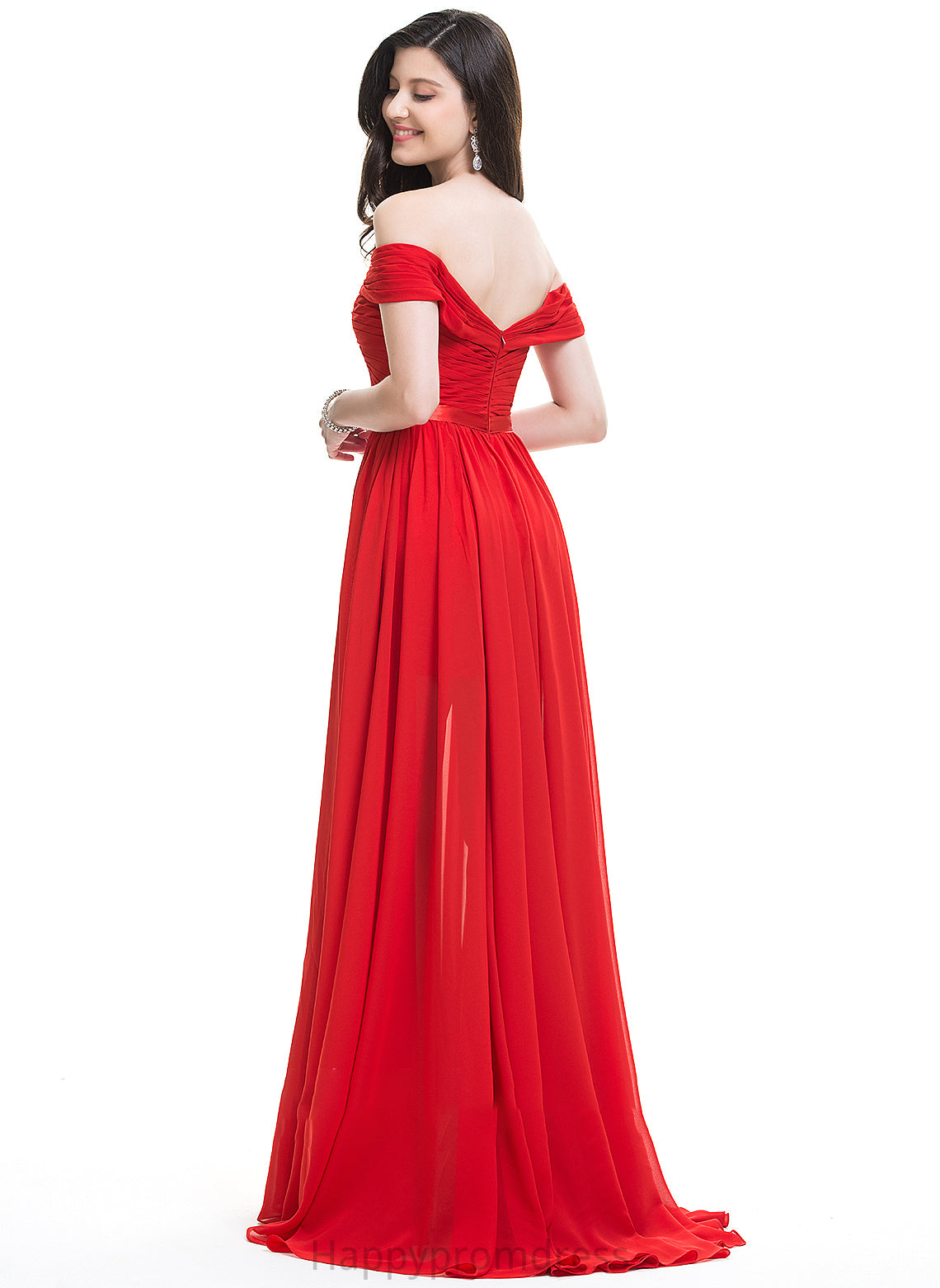 Ruffle Fabric Silhouette SplitFront SweepTrain Neckline Off-the-Shoulder A-Line Embellishment Length Marie Sleeveless Bridesmaid Dresses