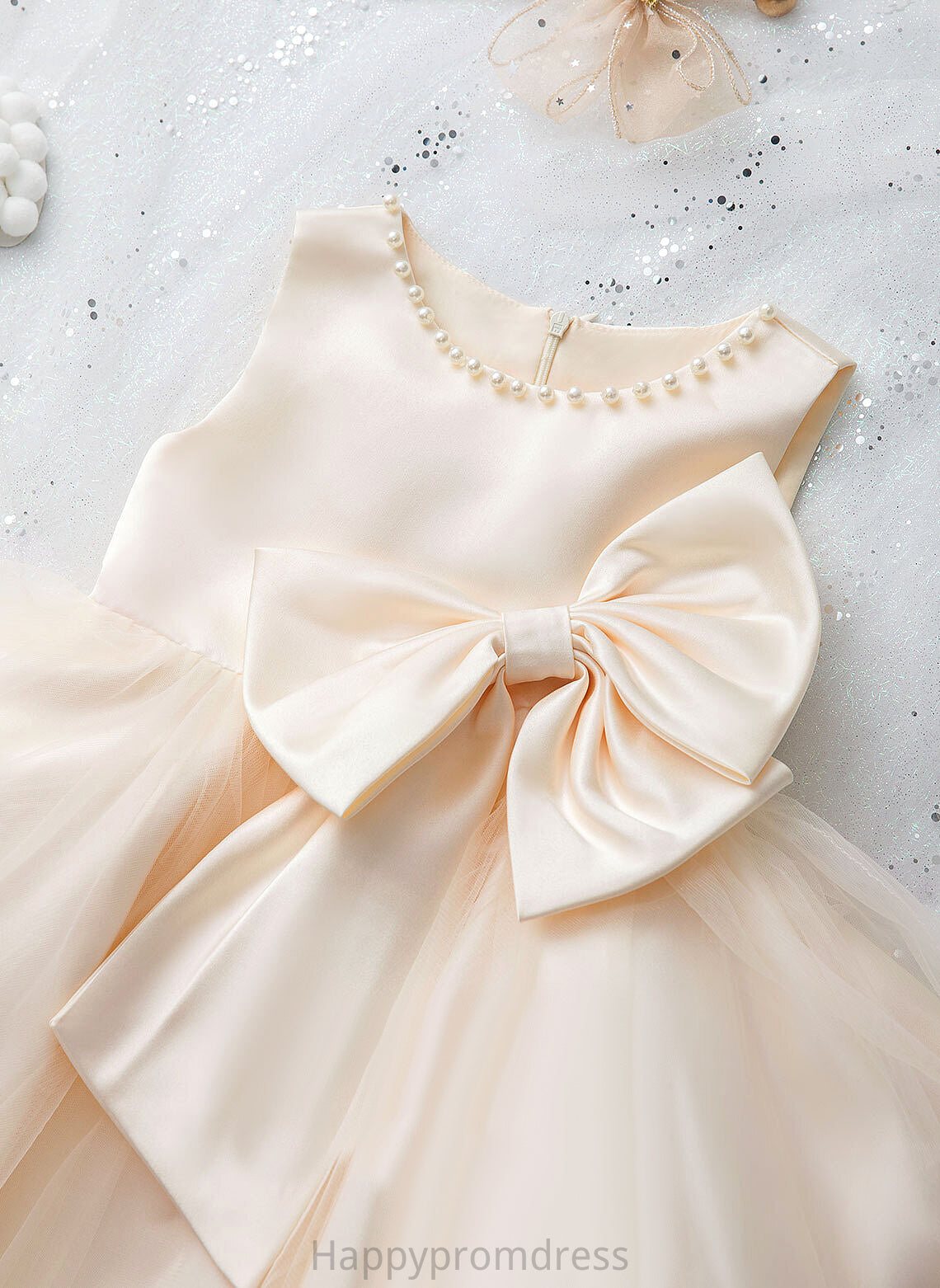 With Scalloped Sleeveless Girl - Flower Girl Dresses A-Line Knee-length Pru Satin Dress Beading/Bow(s) Flower Neck