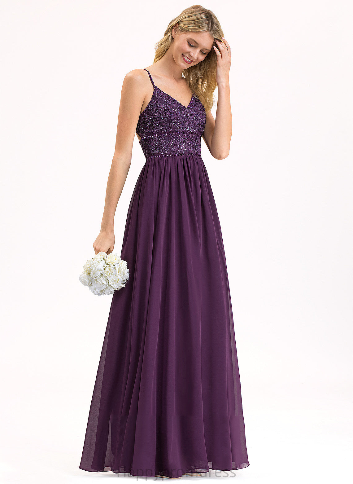 A-Line Length Neckline Silhouette Beading Embellishment V-neck Fabric Sequins Floor-Length Gwendolyn Floor Length Bridesmaid Dresses