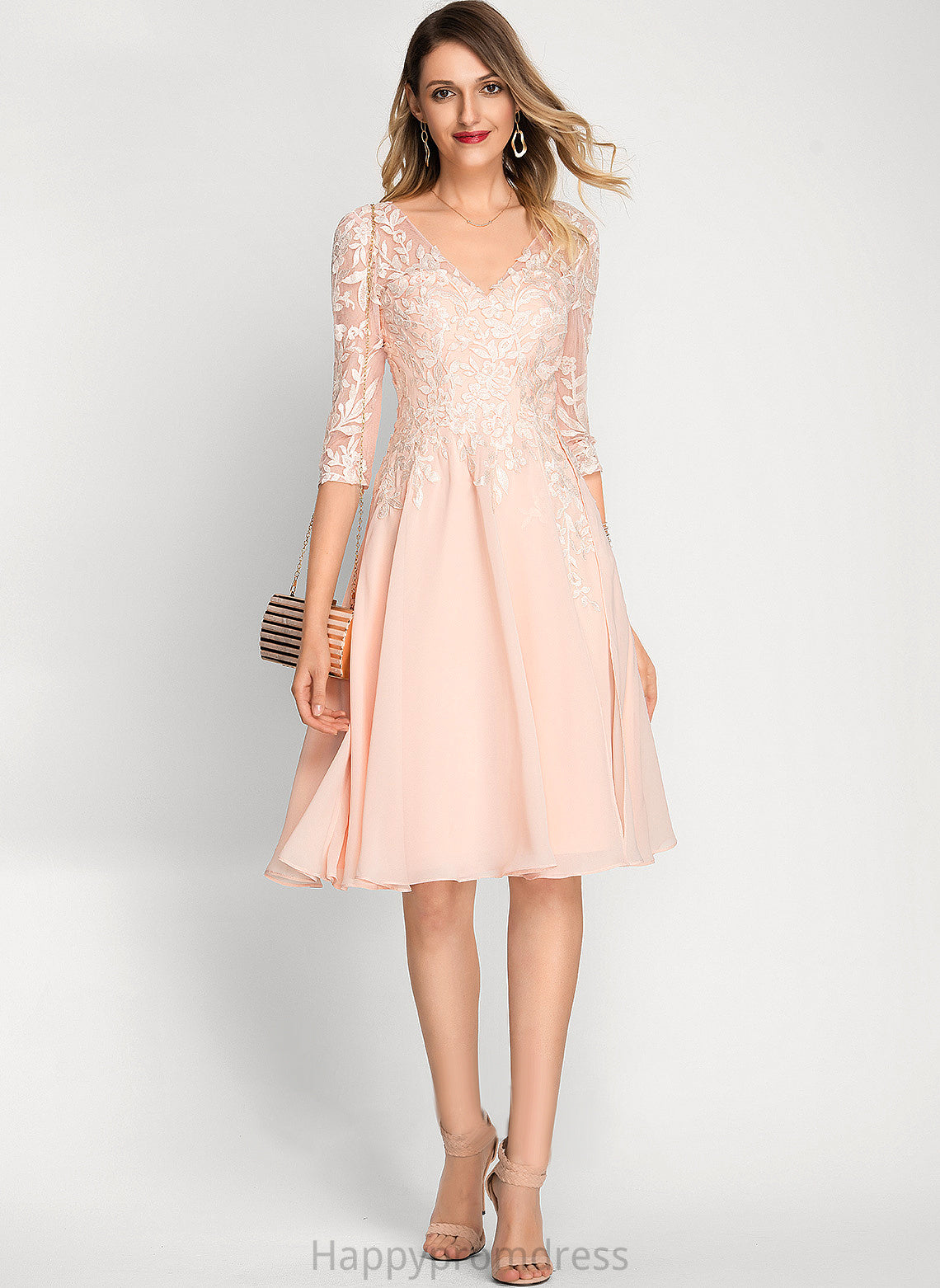 Dress V-neck Paola Chiffon Lace Knee-Length Cocktail Dresses Cocktail Sequins A-Line With