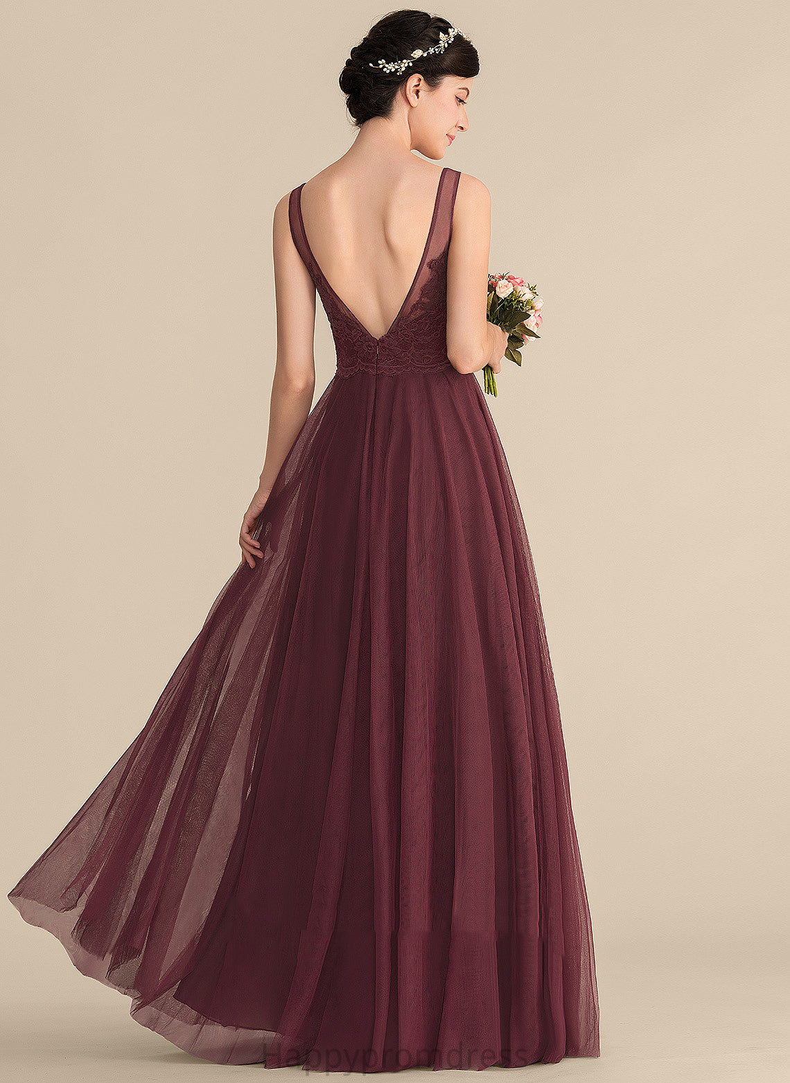 Floor-Length Lace A-Line Neckline Length Silhouette Tulle V-neck Fabric Straps Krystal Natural Waist Bridesmaid Dresses