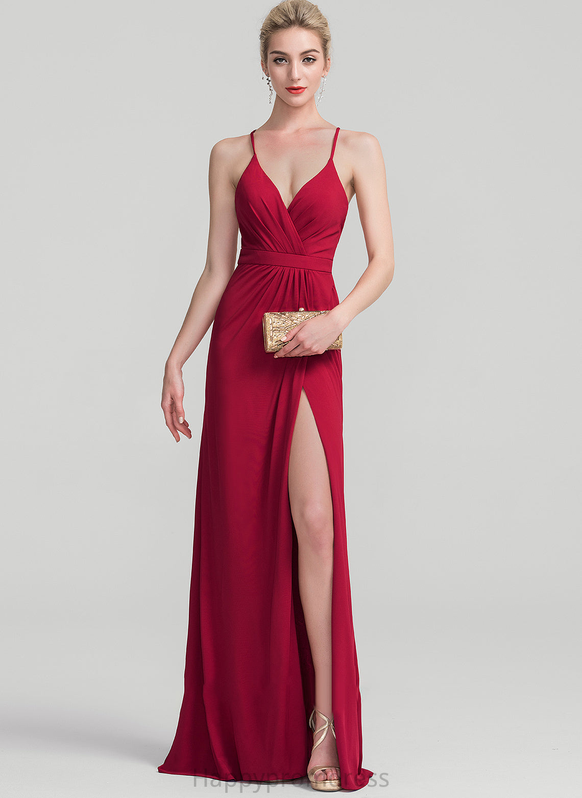 With Floor-Length V-neck Ruffle Jersey Prom Dresses Sheath/Column Anaya