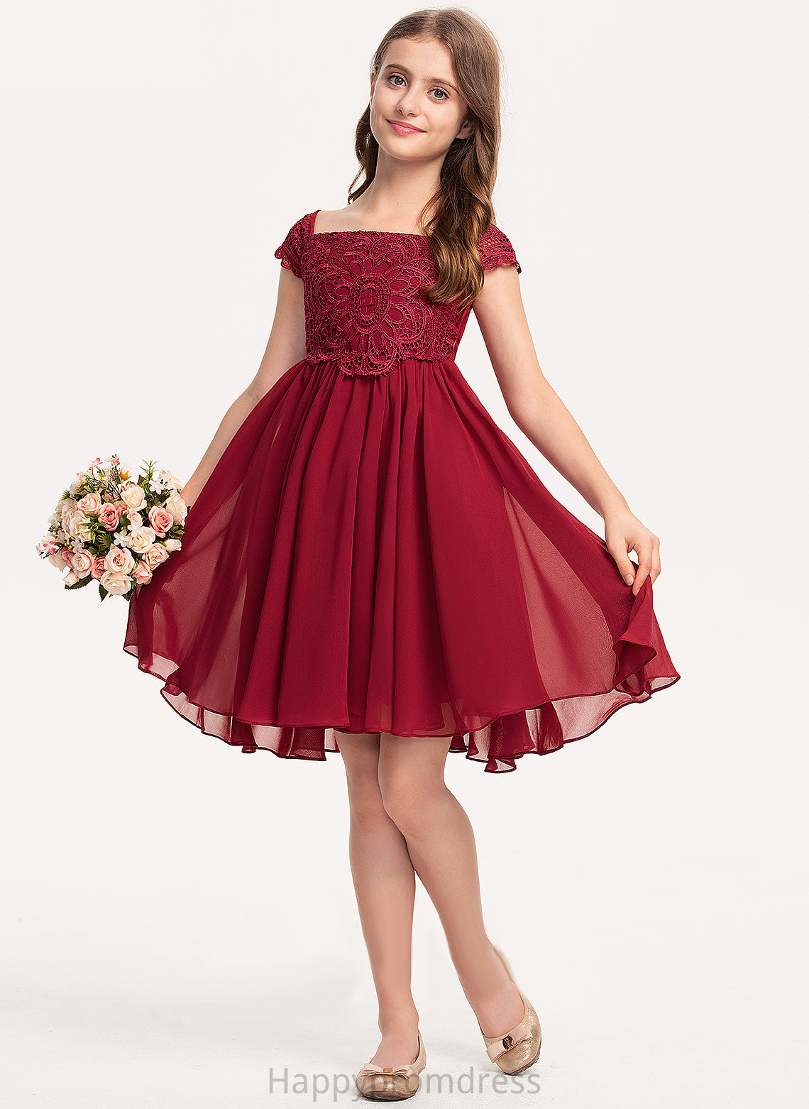 Amirah Girl Dress Knee-length Flower Girl Dresses - Square Chiffon Neckline A-Line Sleeves Flower Short