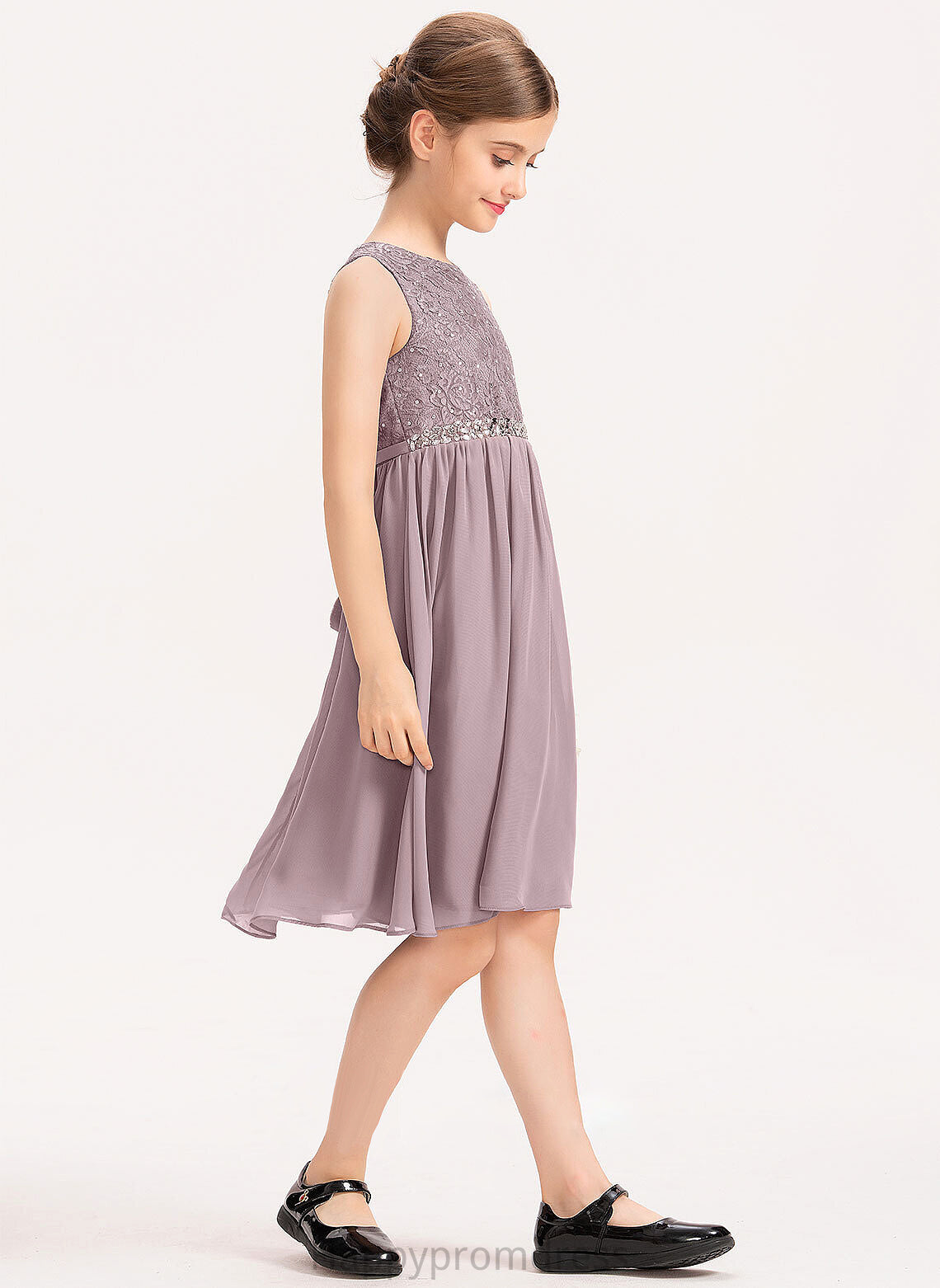 Bow(s) Lace Makenzie Knee-Length Junior Bridesmaid Dresses Neck With Scoop Chiffon Beading A-Line