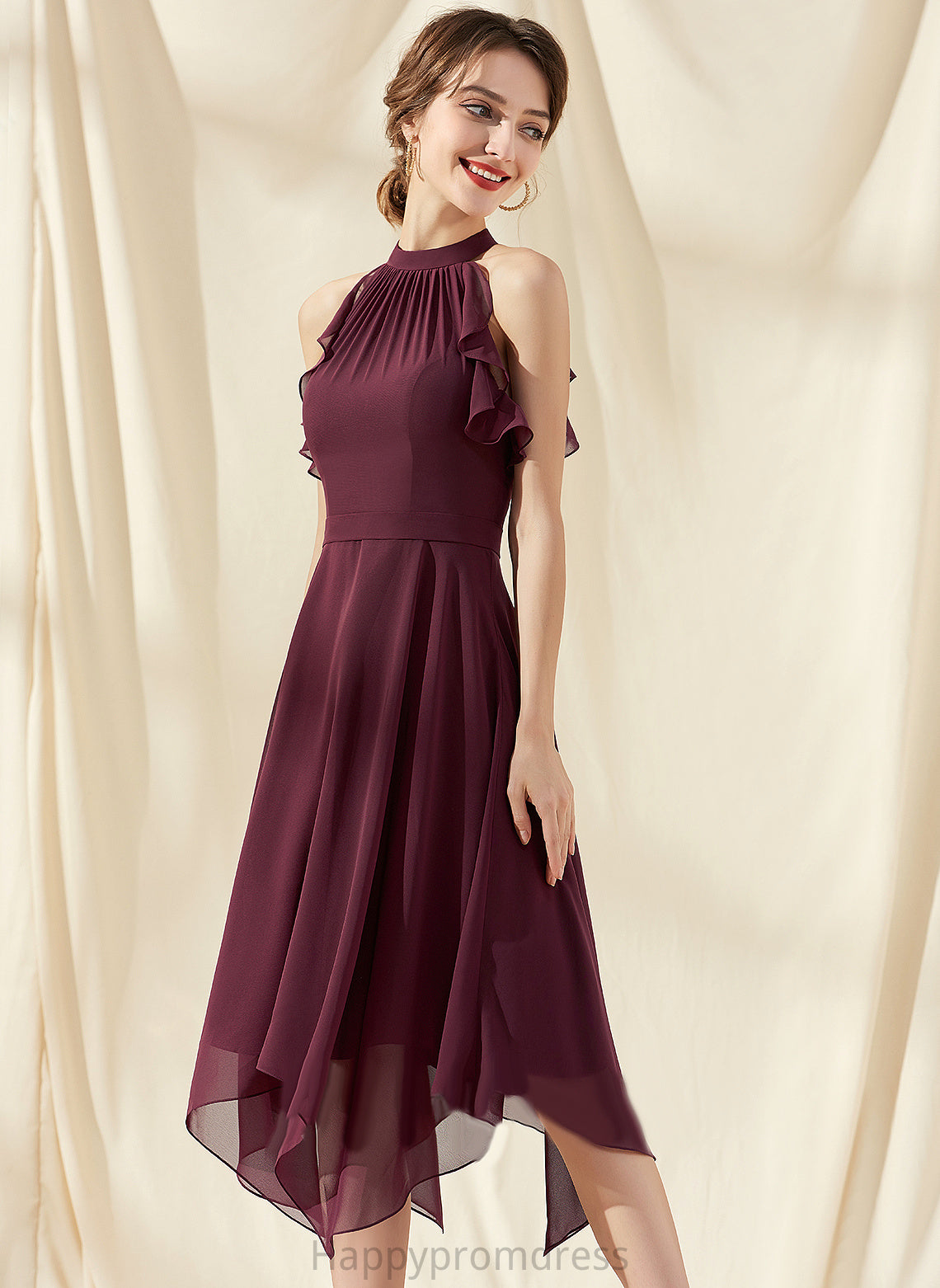 Scoop Cocktail With Chiffon Dress Neck Ruffles A-Line Payten Tea-Length Cascading Cocktail Dresses