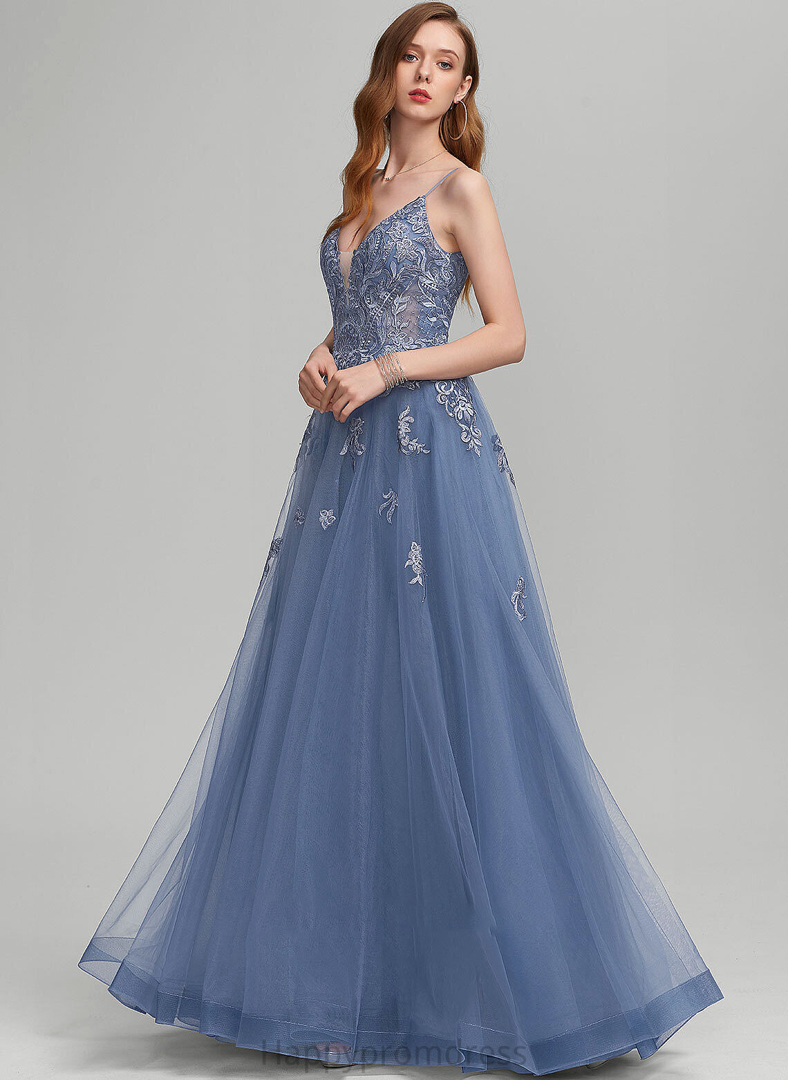 Sequins With A-Line V-neck Tulle Floor-Length Adelaide Prom Dresses