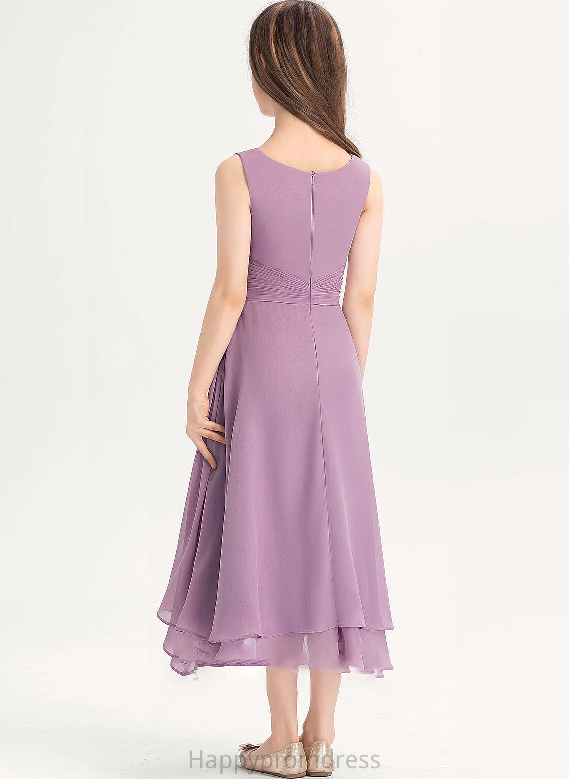 With A-Line Larissa Neck Chiffon Junior Bridesmaid Dresses Scoop Tea-Length Ruffle