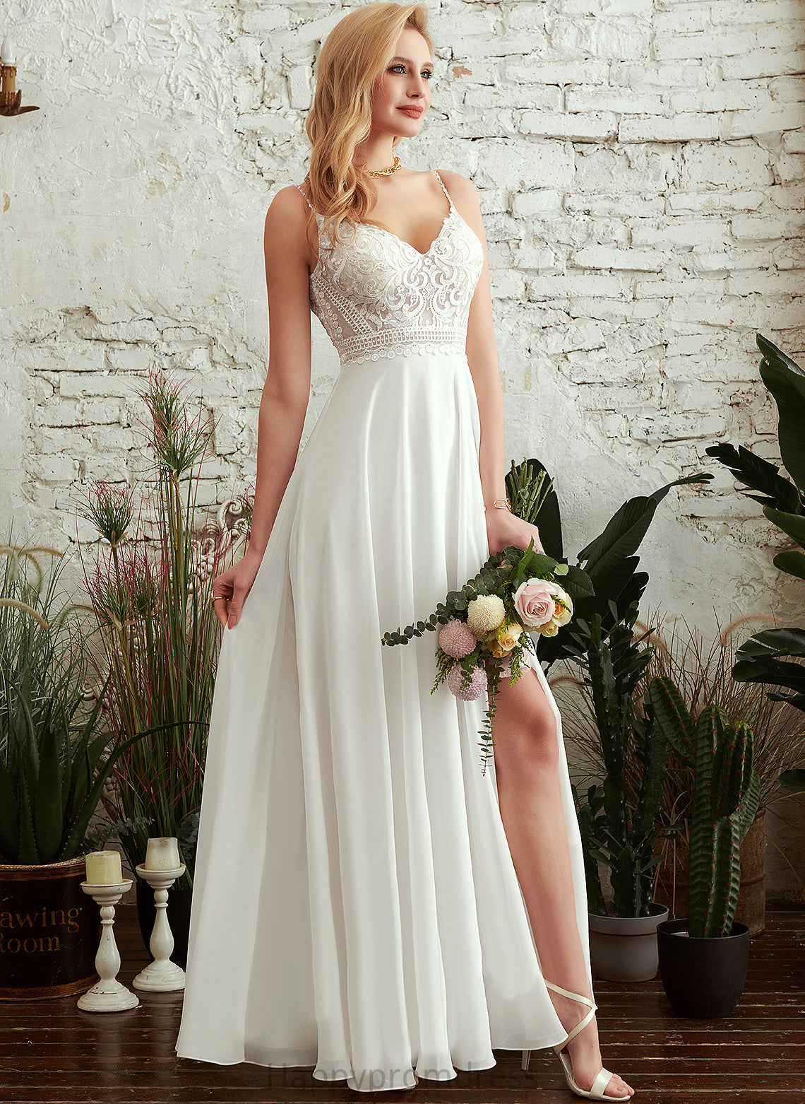 Wedding Floor-Length Dress Wedding Dresses A-Line Sara V-neck Chiffon Lace