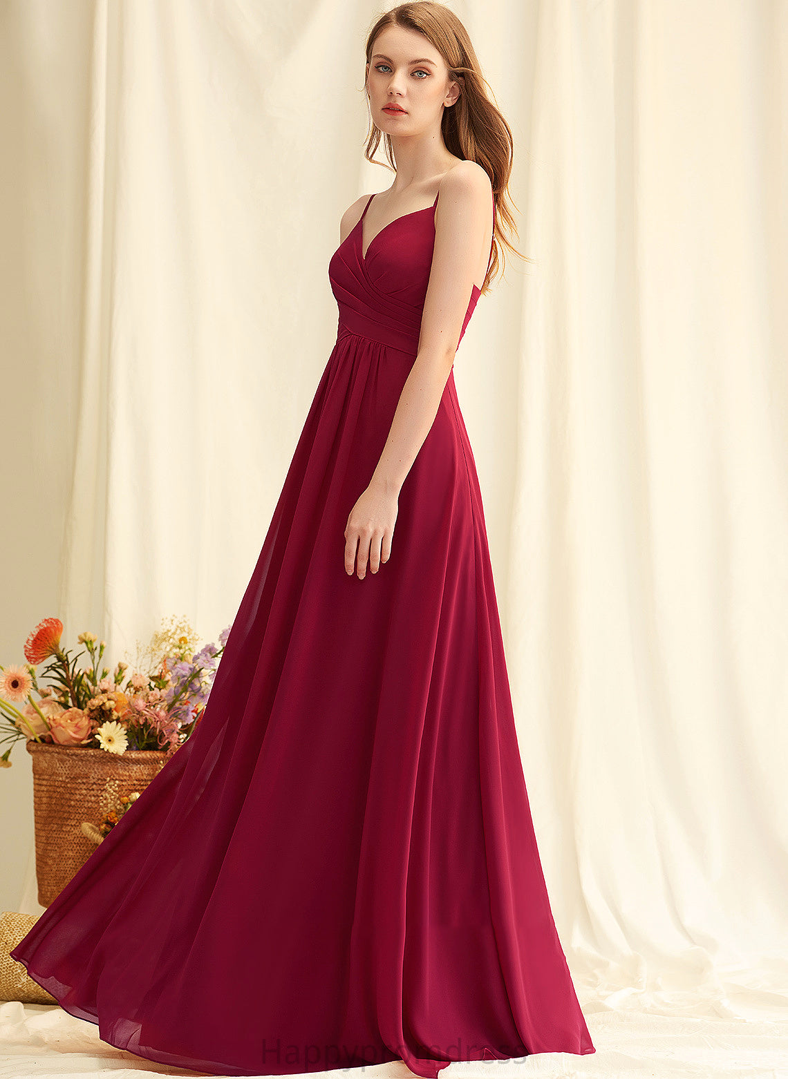 V-neck Floor-Length Length Neckline Silhouette Ruffle A-Line Embellishment Fabric Leah Bridesmaid Dresses