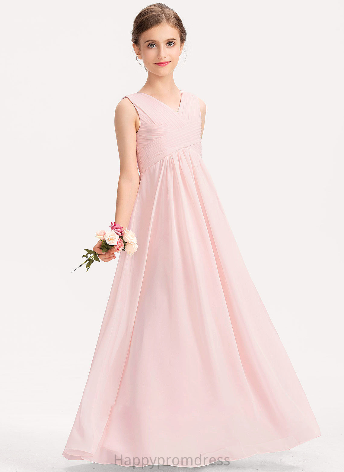 Kali Chiffon A-Line Floor-Length With Ruffle Junior Bridesmaid Dresses V-neck