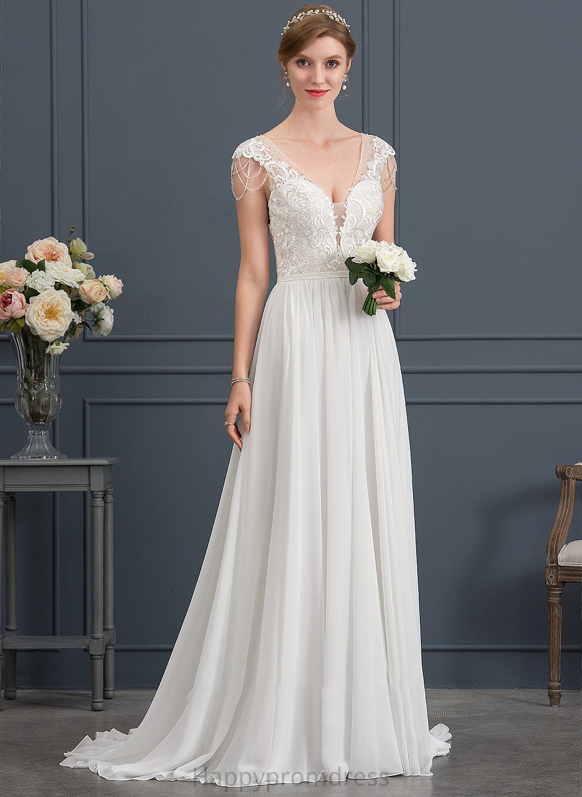 With A-Line Wedding Dresses Chiffon Muriel Sweep Beading Dress Wedding Sequins V-neck Train