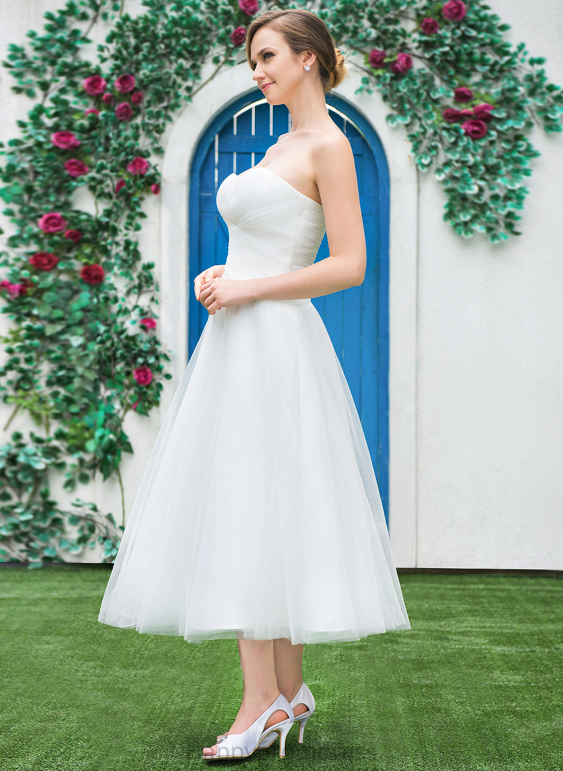 Wedding Tea-Length A-Line Ruffle Roselyn Tulle Dress Wedding Dresses Sweetheart With