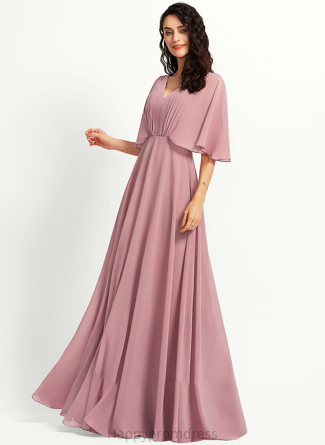 Neckline Silhouette A-Line Length Ruffle V-neck Embellishment Floor-Length Fabric Angelica Floor Length Straps Bridesmaid Dresses