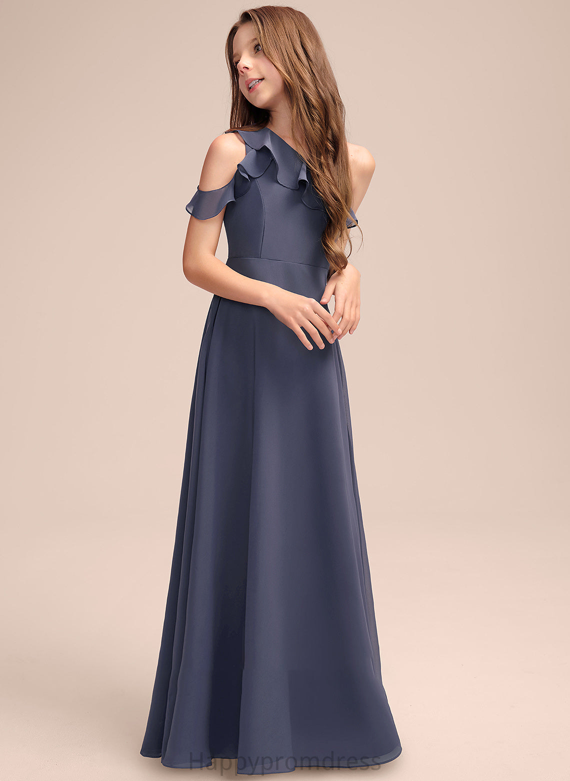 One-Shoulder A-Line Cascading Ruffles Floor-Length Chiffon Junior Bridesmaid Dresses With Viola