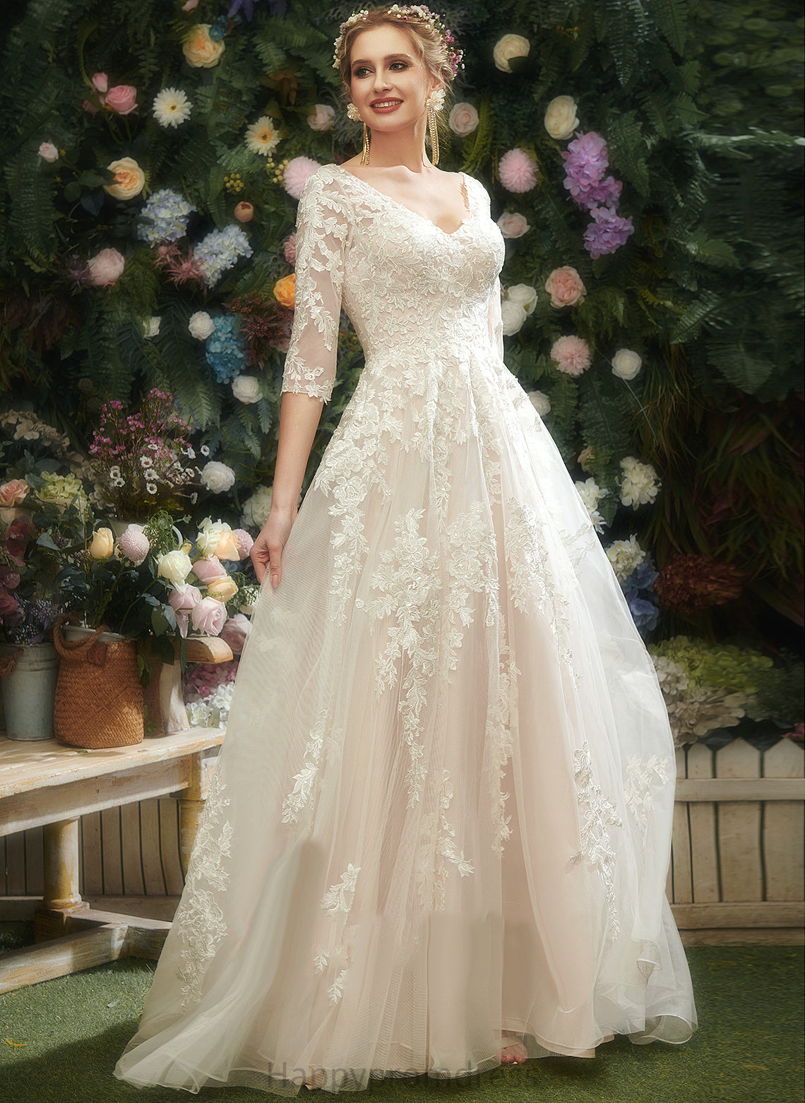 Tulle Sequins Wedding V-neck Court Train Lace A-Line With Katelyn Dress Wedding Dresses