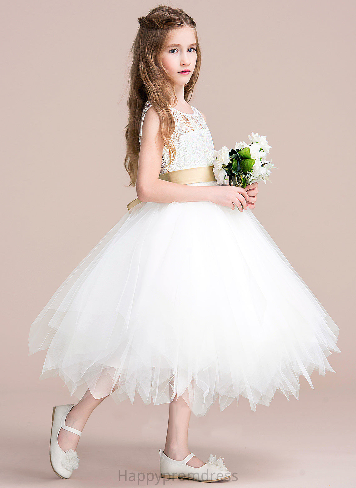 Tulle/Lace Sleeveless Sash/Back (Detachable Dress sash) Neck A-Line Morgan Flower With Flower Girl Dresses - Hole Tea-length Girl Scoop