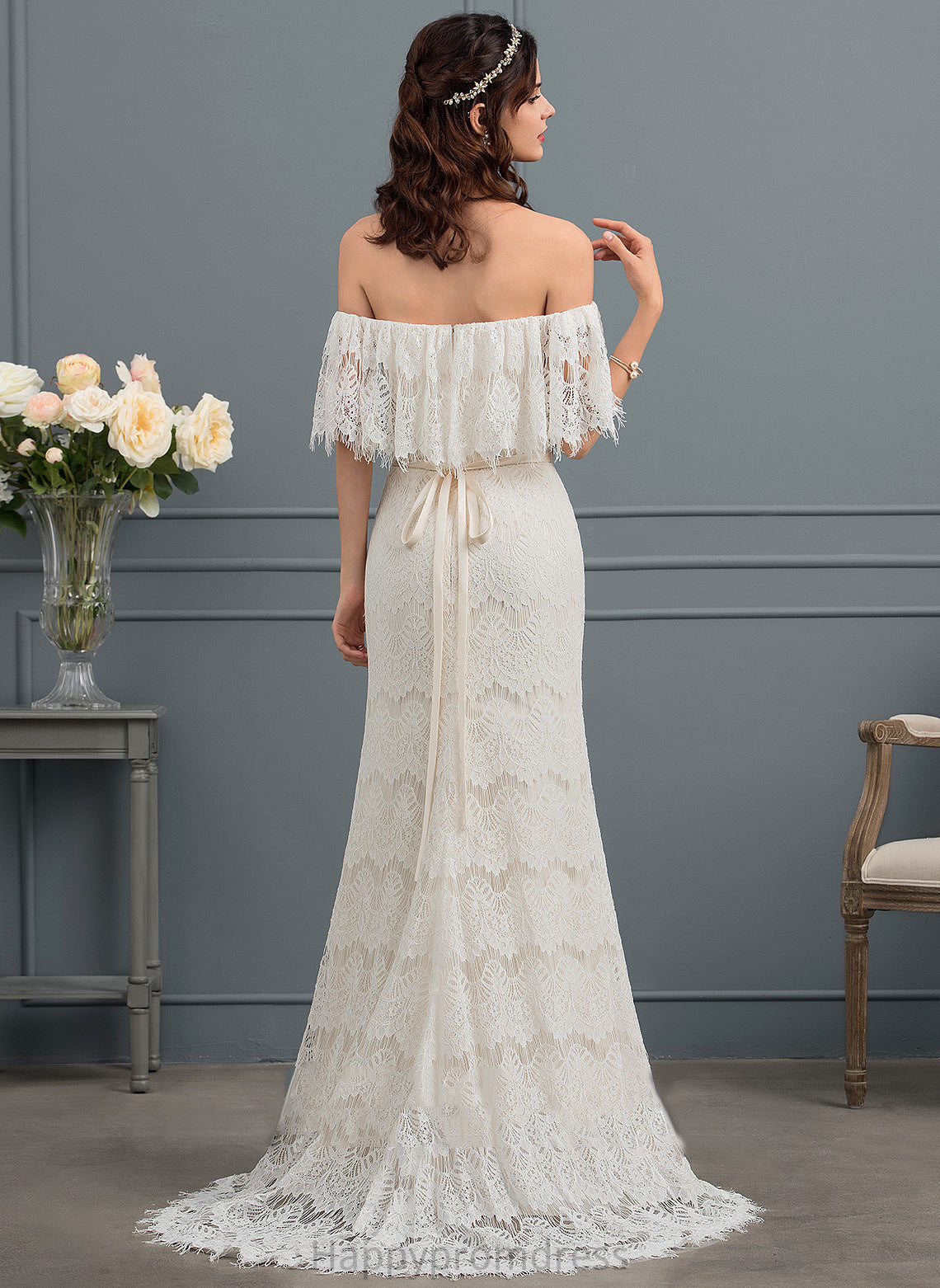 With Trumpet/Mermaid Sweep Dress Off-the-Shoulder Bow(s) Wedding Dresses Train Aria Wedding Lace