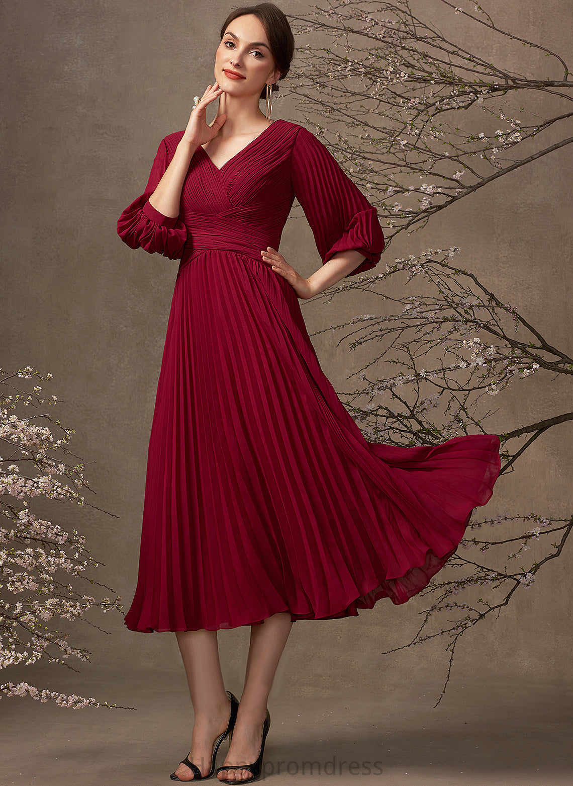 Tea-Length Pleated Cocktail Dresses V-neck Dress Ryleigh Chiffon A-Line Cocktail With