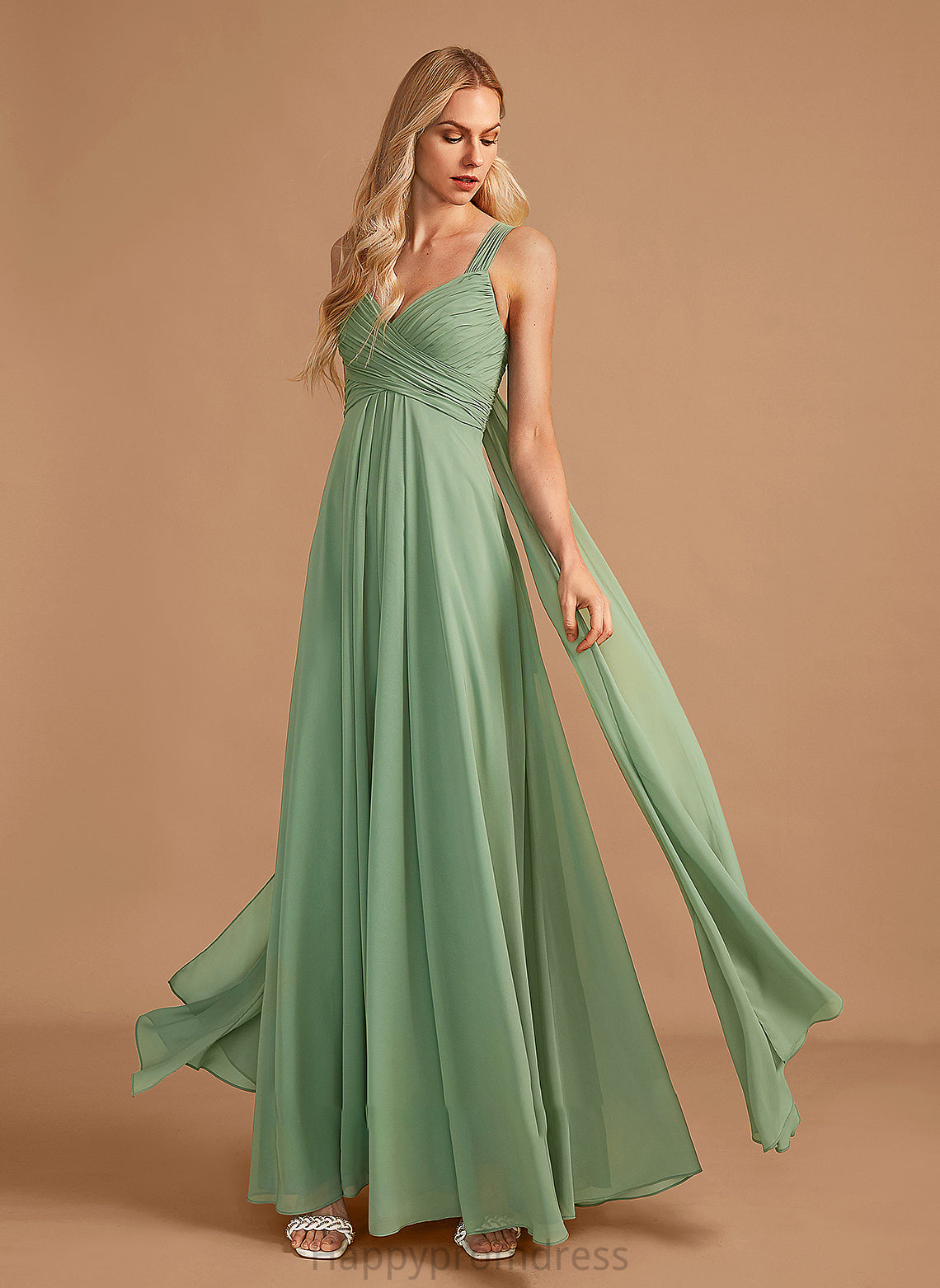 A-Line Neckline V-neck Fabric Floor-Length Silhouette Length Embellishment Ruffle Ada Sleeveless Floor Length Bridesmaid Dresses