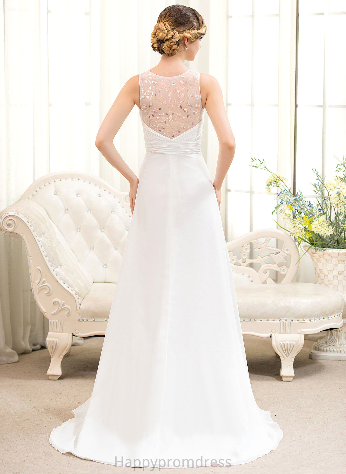 Train Sweep Wedding Dresses A-Line Ruffles Dress Beading Sequins Avah Chiffon V-neck Wedding With Tulle Cascading