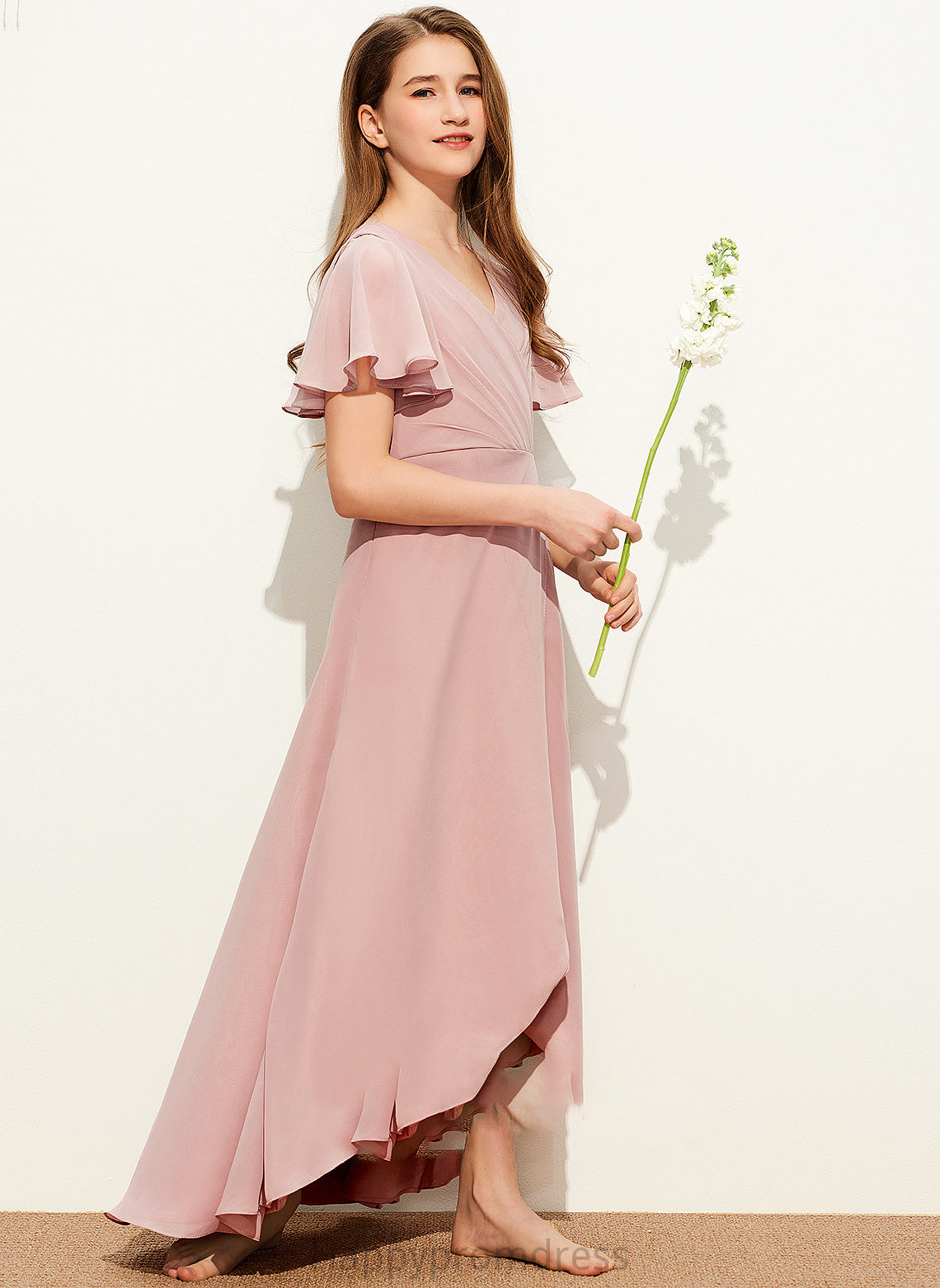 A-Line Ruffle Junior Bridesmaid Dresses With Asymmetrical Alexia Chiffon V-neck