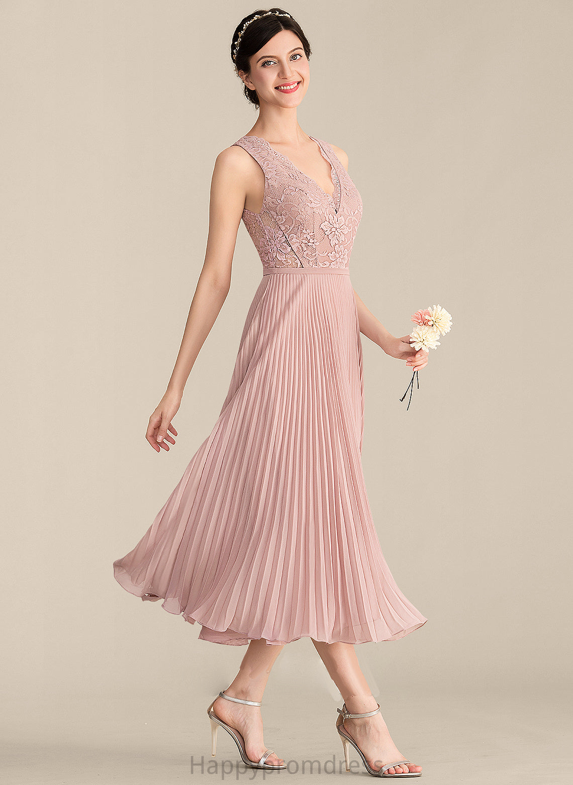 Pleated Fabric V-neck Embellishment Neckline Length Silhouette A-Line Tea-Length Phoebe Straps Natural Waist Bridesmaid Dresses