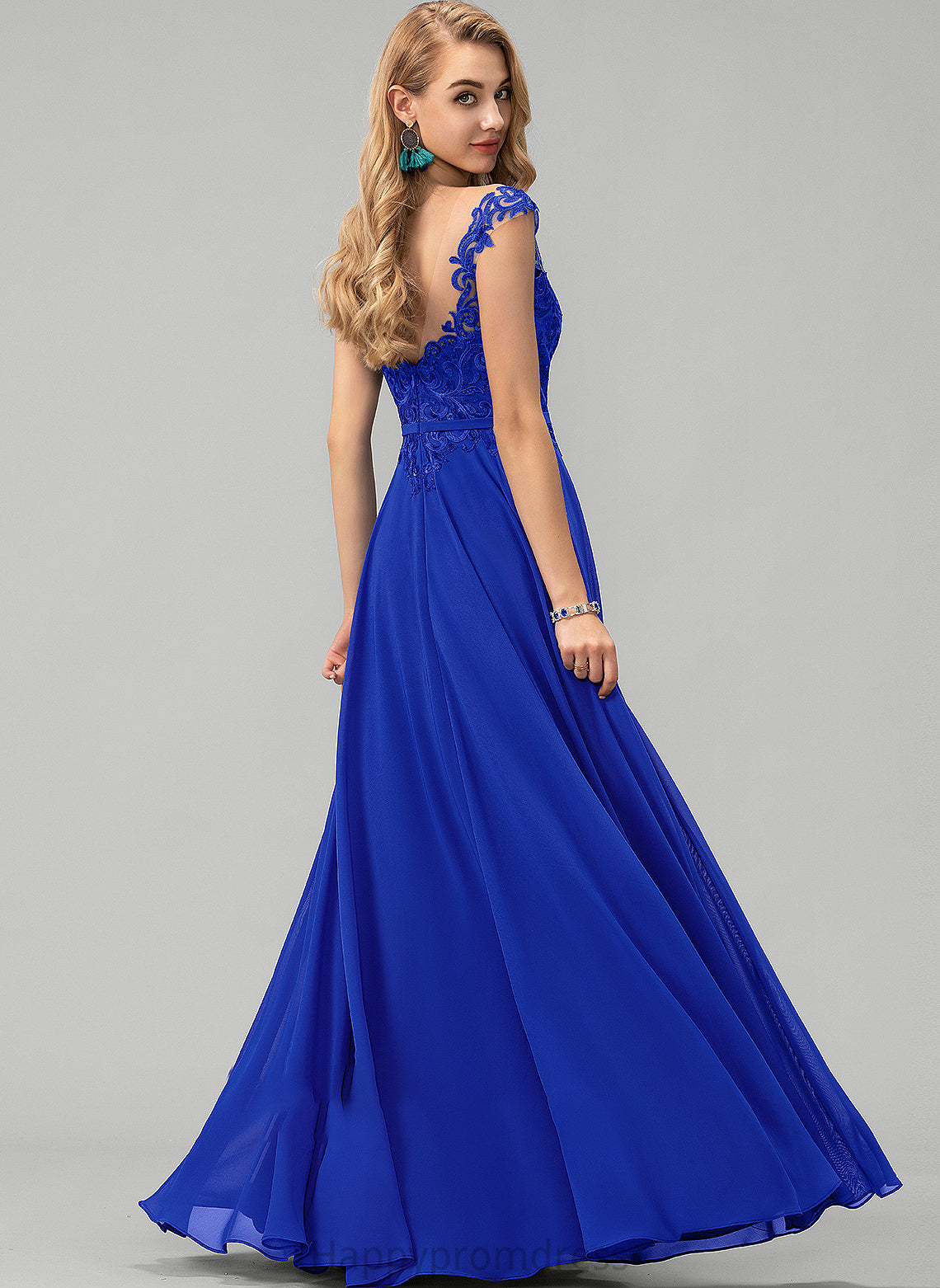 Chiffon With Lace Neck A-Line Alana Scoop Sequins Prom Dresses Floor-Length