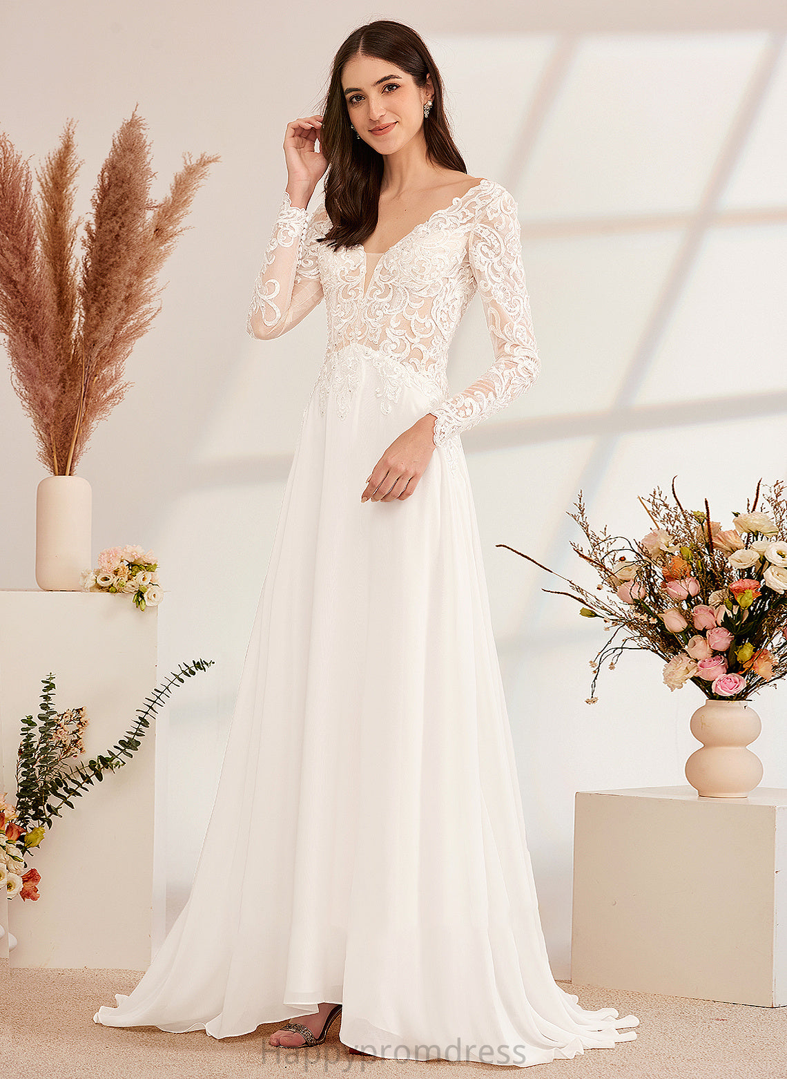 Beading Kendall Wedding Train Dress With Wedding Dresses V-neck Sweep A-Line