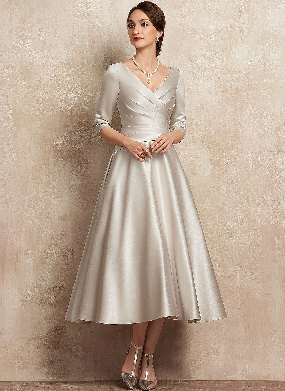 Bride Mother of the Bride Dresses Satin Mother Brenda A-Line With Ruffle Tea-Length V-neck Dress of the