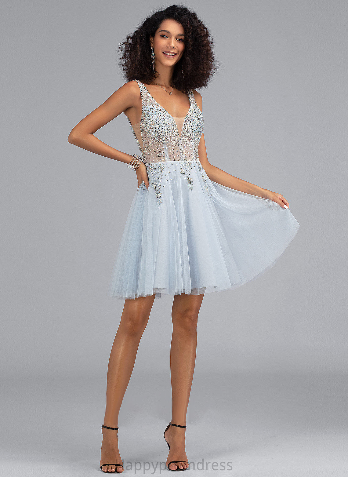 Prom Dresses Tulle Short/Mini A-Line Beading V-neck Madilyn With