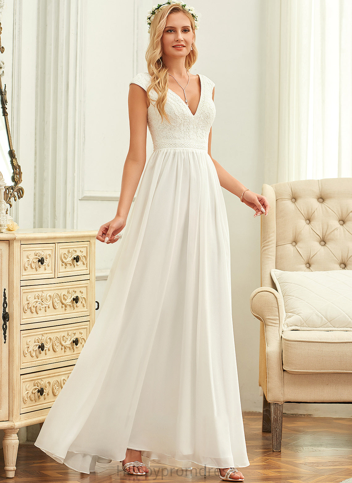 V-neck Dress Floor-Length Wedding Wedding Dresses Tiara A-Line Chiffon Lace