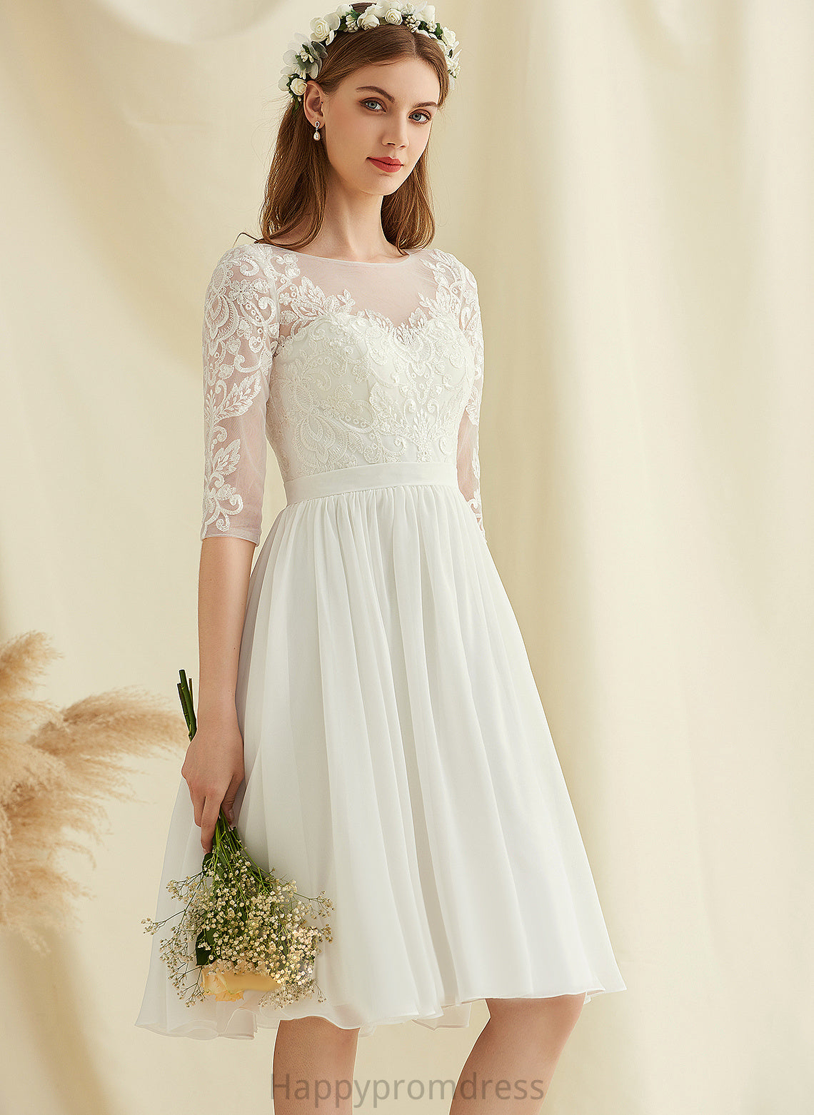 Wedding Dresses Sequins A-Line Lace With Chiffon Knee-Length Wedding Kaya Scoop Dress