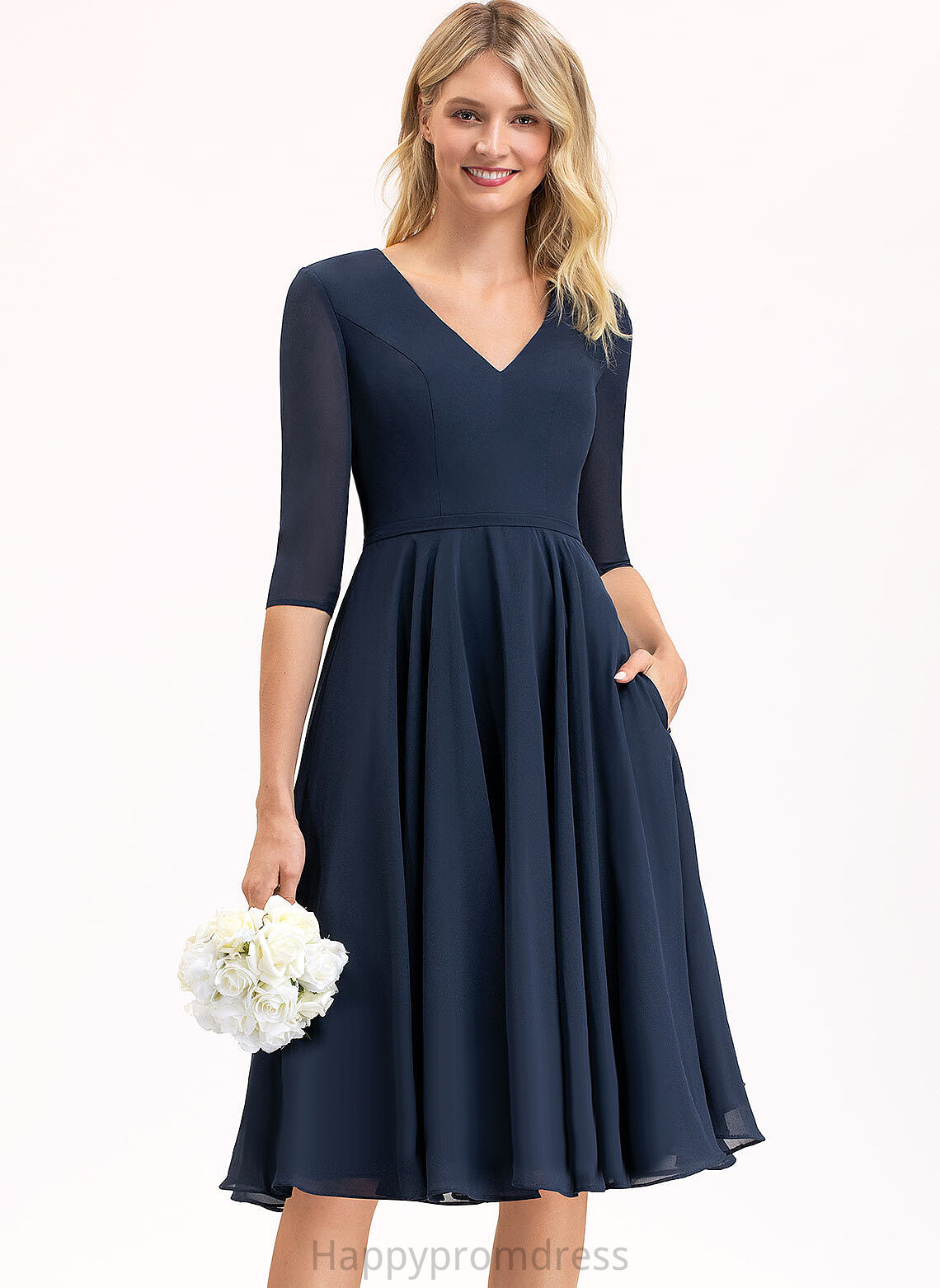 Knee-Length Dress A-Line Cocktail Dresses Chiffon Cocktail Savannah Pockets V-neck With