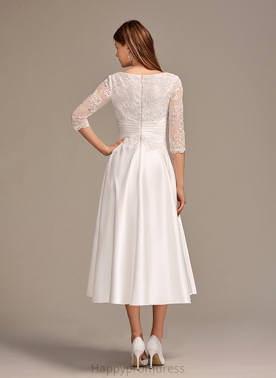 Wedding With Neck Tea-Length Lia Wedding Dresses Lace A-Line Dress Scoop Satin Pockets