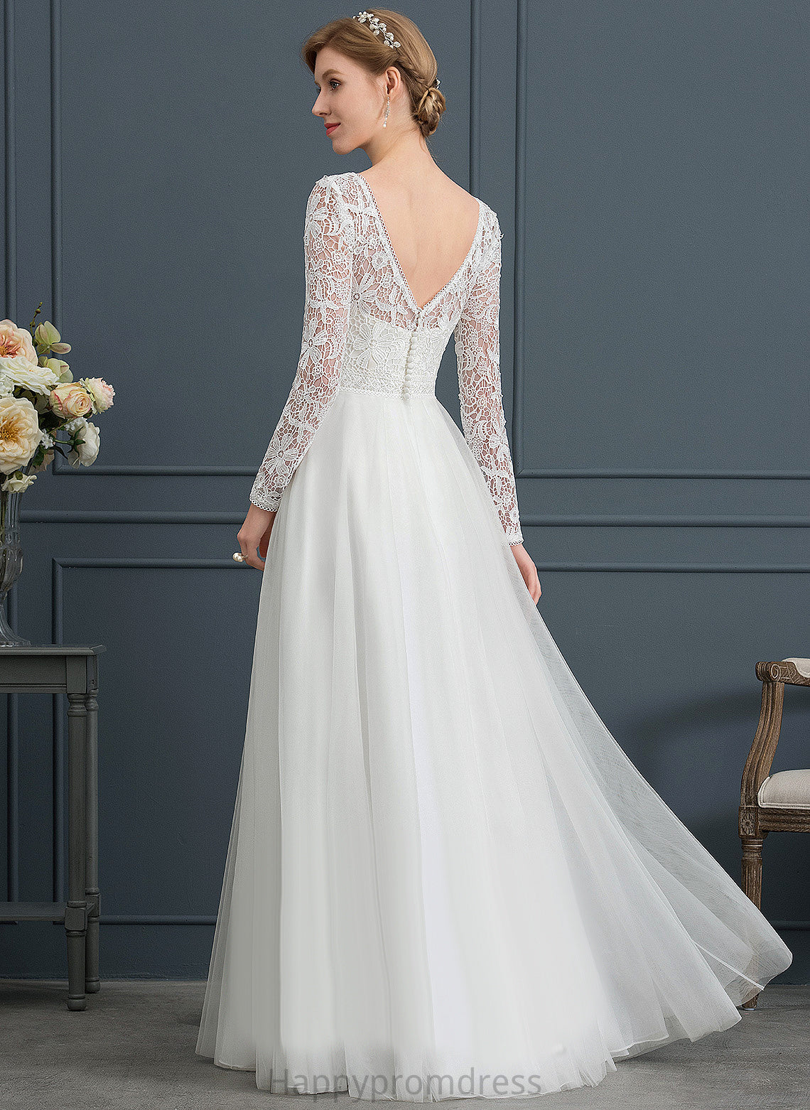 V-neck Wedding Dresses Floor-Length Lace Wedding Dress Ashlyn Tulle A-Line