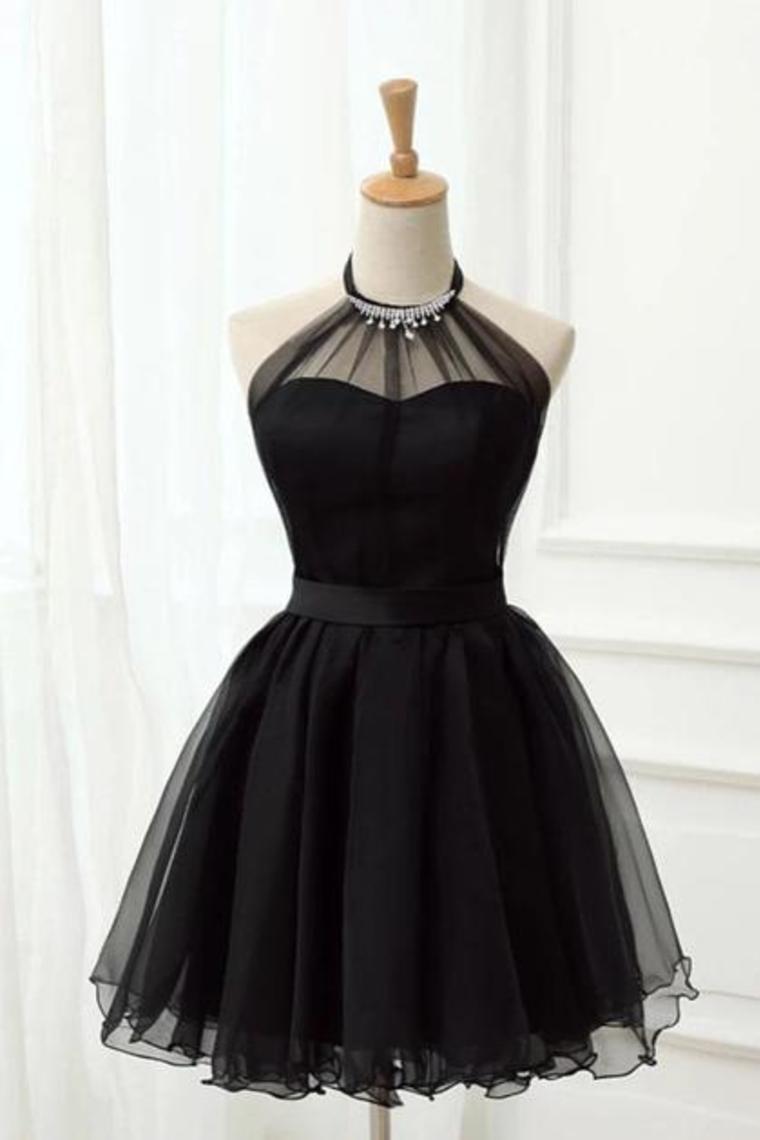 Cute Halter Black Tulle Sleeveless Beads Short Prom Dresses Homecoming Dresses