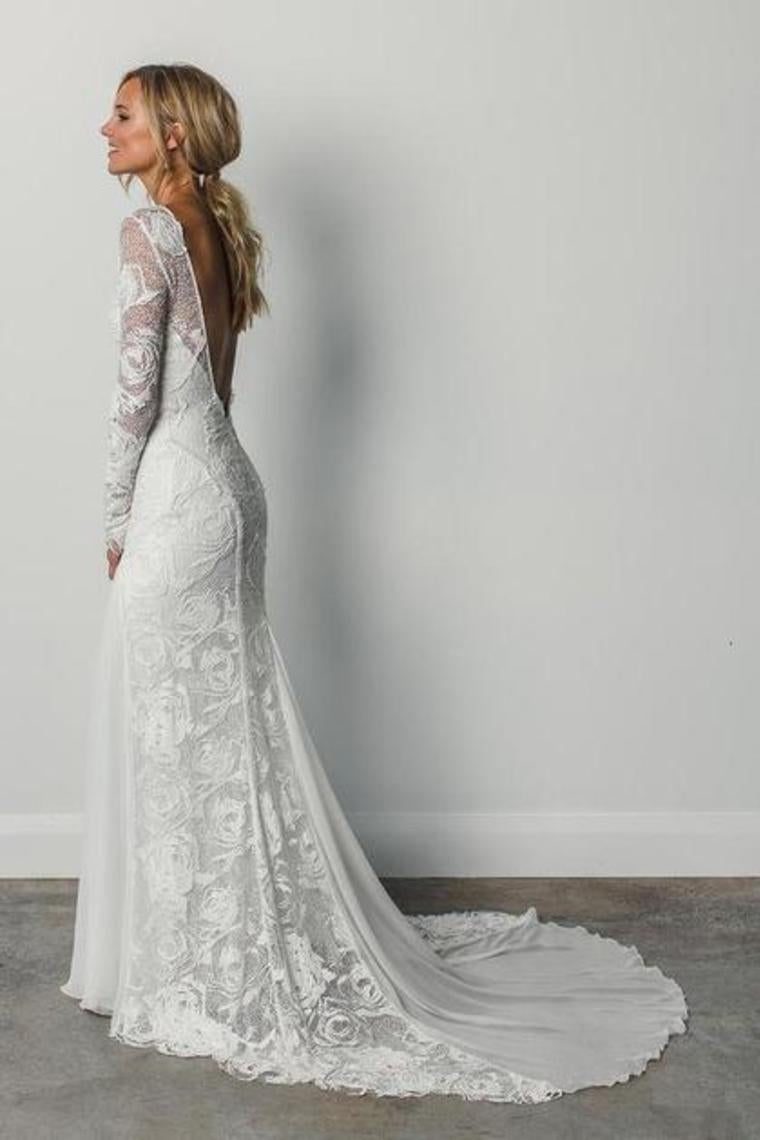 Mermaid Lace Court Train Wedding Dress Long Sleeves Scoop