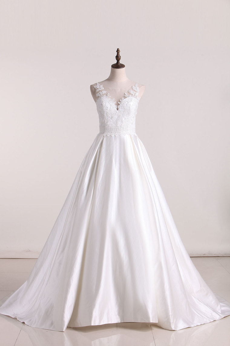 2024 A Line Scoop Satin With Applique Wedding Dresses Open Back