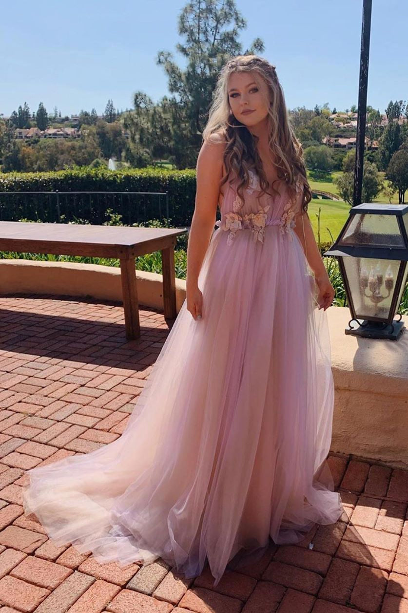 Spaghetti Straps Long Prom Dresses Backless Formal Dresses with Handmade Flowers