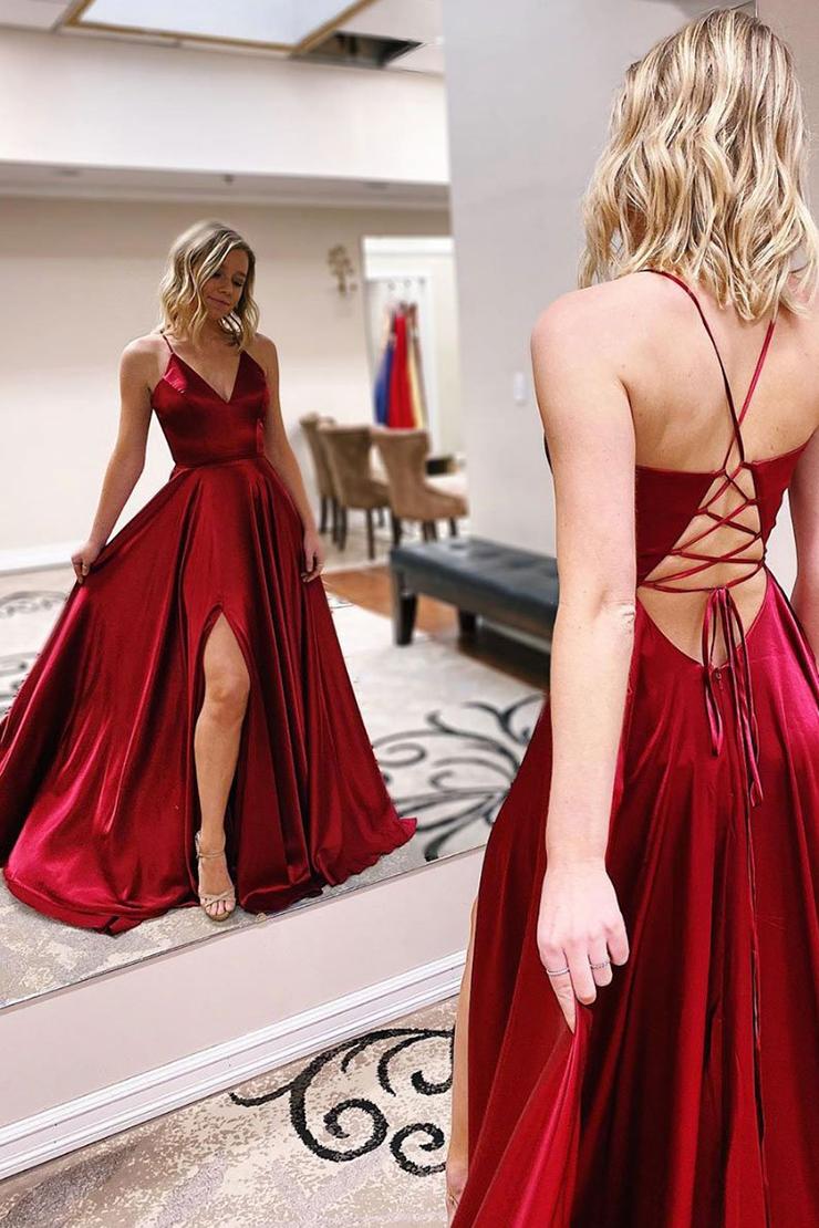 Simple Burgundy A Line Sleeveless Satin Long Prom Dresses