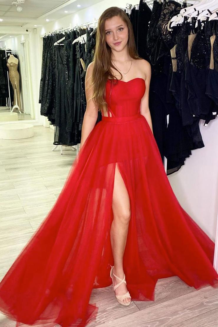 Simple Red Sleeveless A Line Sweetheart Tulle Prom Dresses