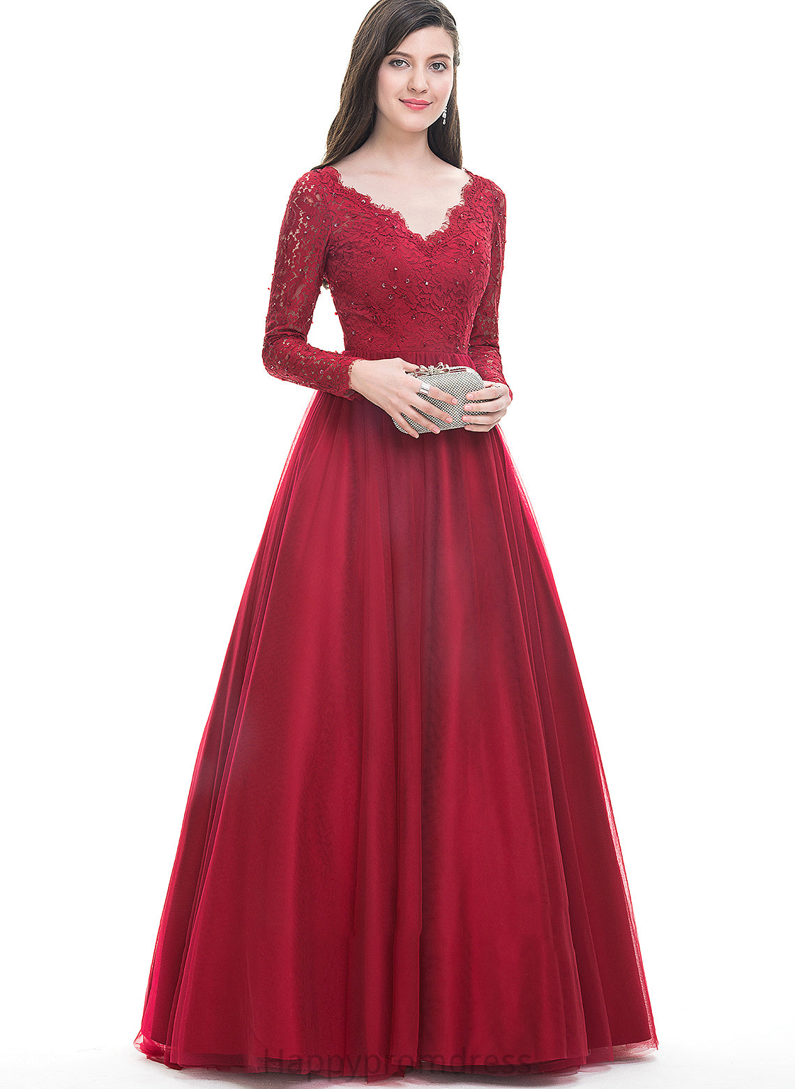 Nellie Tulle With Floor-Length V-neck Sequins Beading Ball-Gown/Princess Prom Dresses