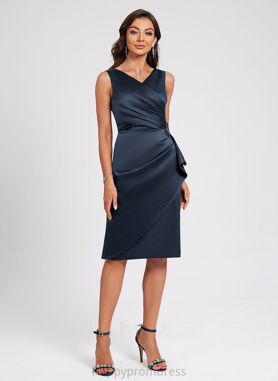 Sheath/Column Satin Knee-Length Cocktail Dresses Dress V-neck With Ruffle Melany Cocktail Beading Sequins