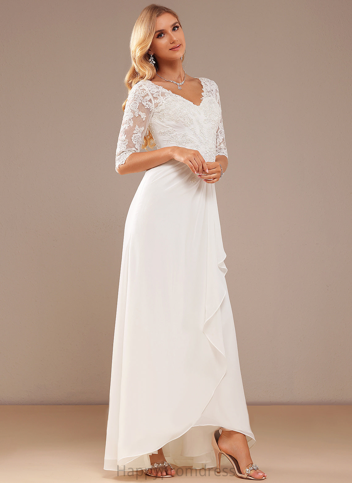 Wedding Dresses Lace V-neck Chiffon Wedding Asymmetrical Dress Ruffle A-Line Mikayla With