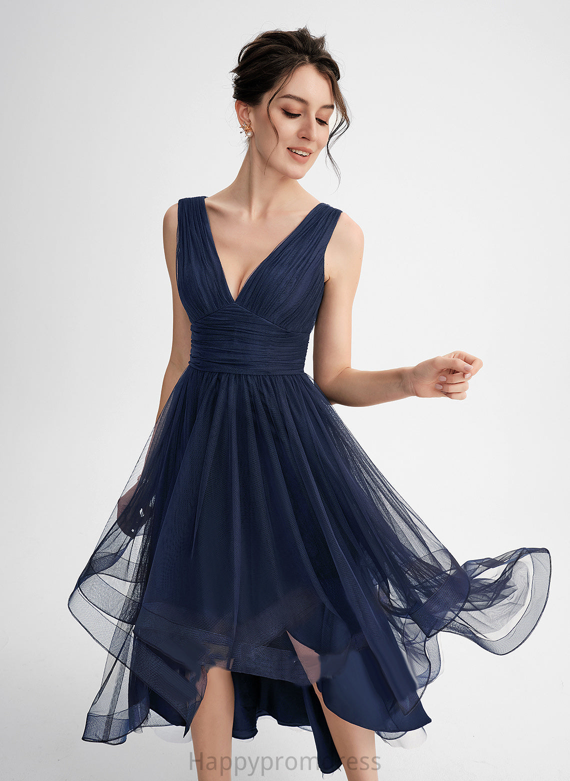 Adrienne Asymmetrical Tulle Cascading V-neck With A-Line Dress Pleated Cocktail Cocktail Dresses Ruffles